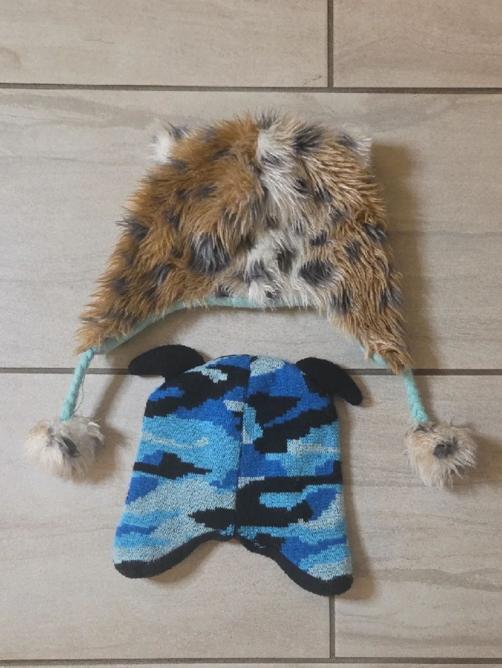Cute Faux Fur Cat Hat & Blue Camo Monster Beanie Set Size Up To Age 6-7